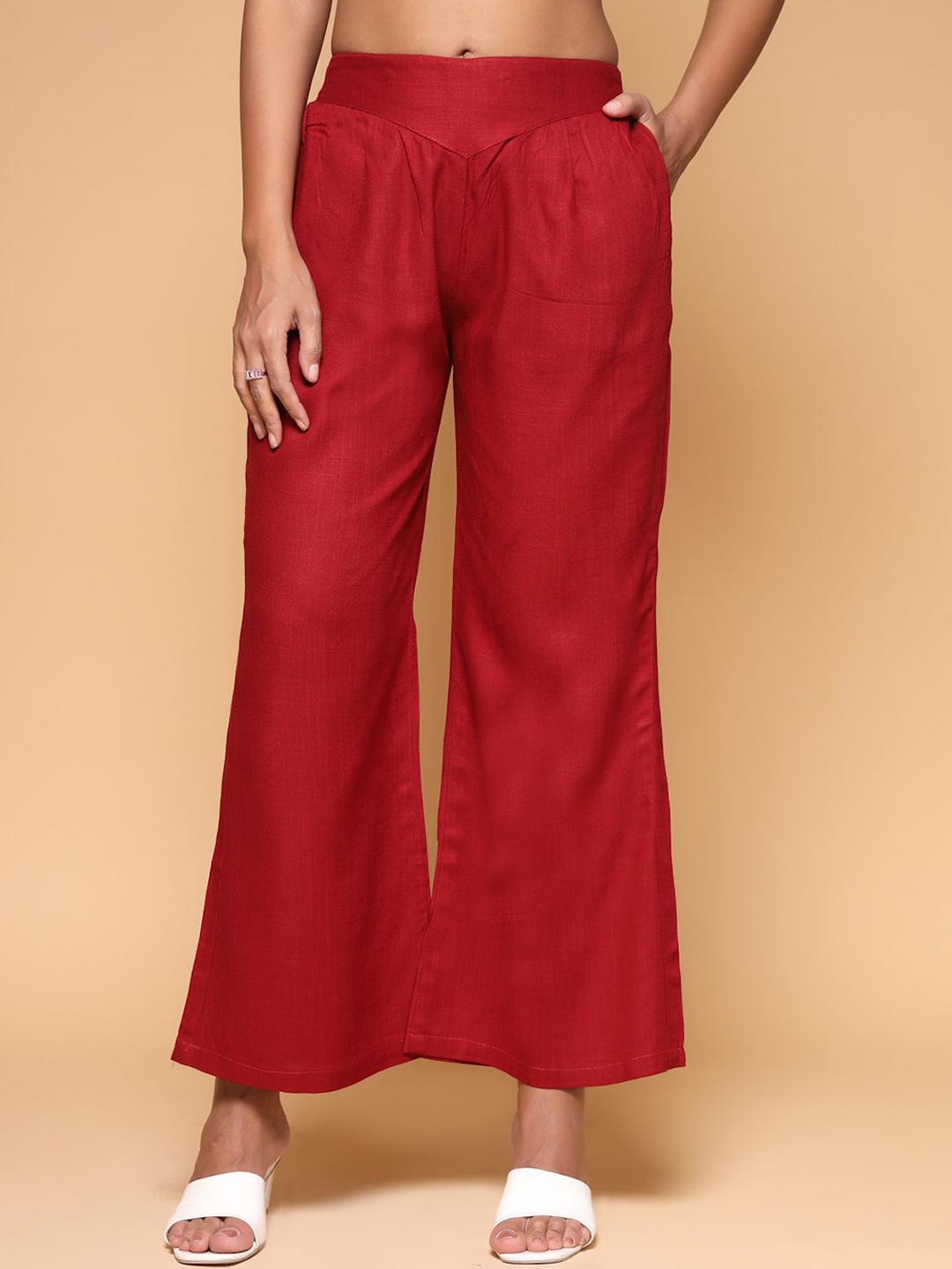 

KATLINE Women Relaxed Straight Leg Cotton Flared Trousers, Red