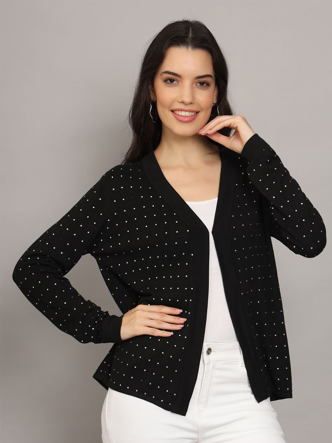 

The Roadster Lifestyle Co Women Printed Cardigan Sweater, Black