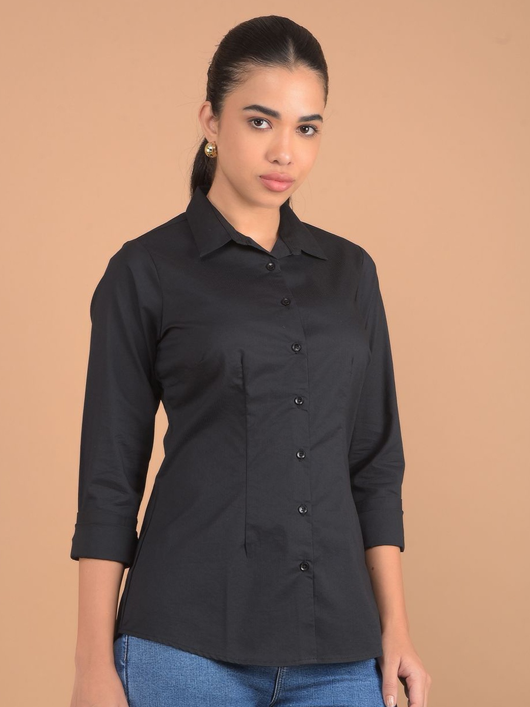 

Crimsoune Club Women Spread Collar Pinstripes Striped Slim Fit Casual Shirt, Black