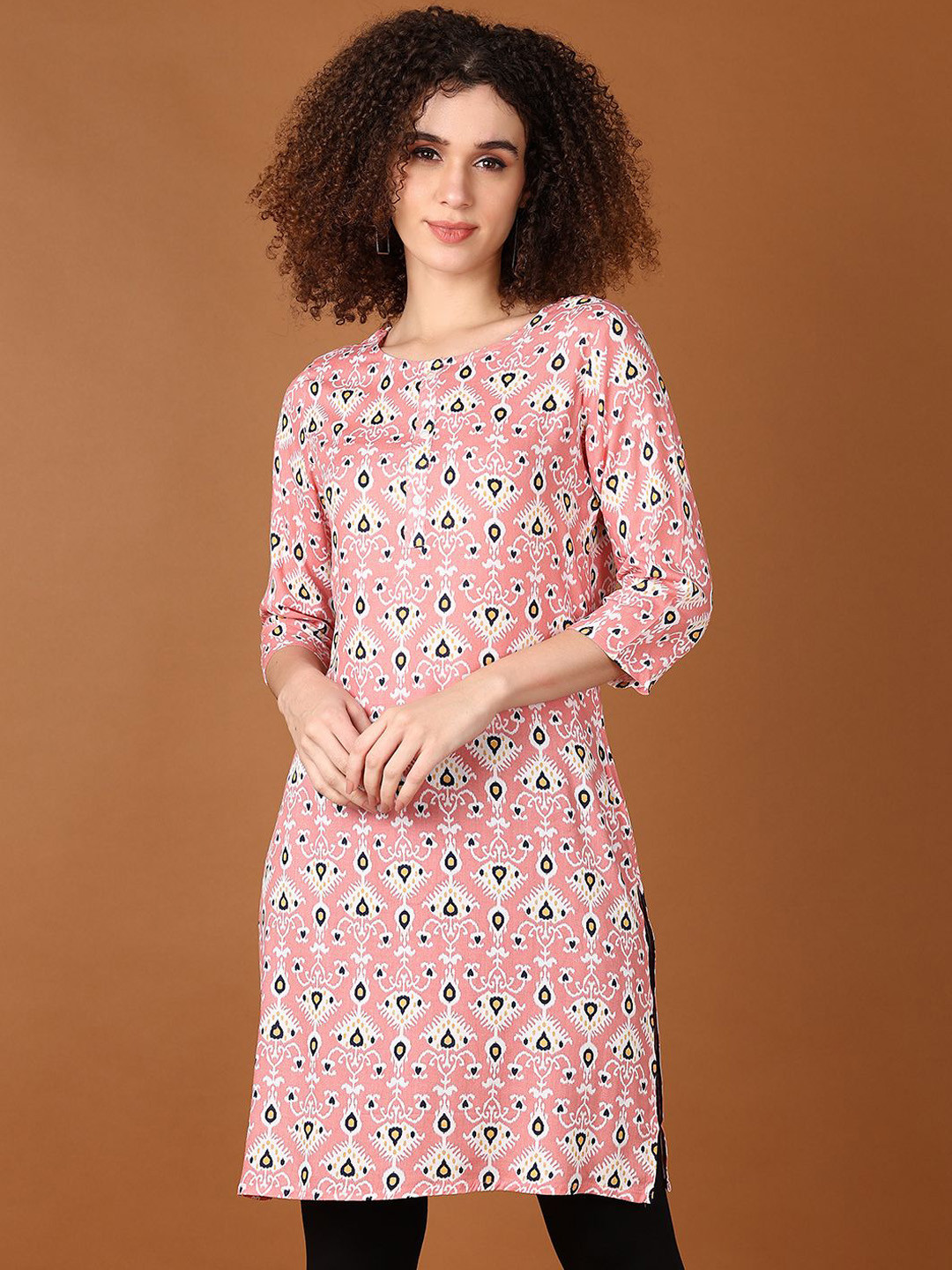 

V-Mart Round Neck Ethnic Motifs Printed Straight Kurta, Orange