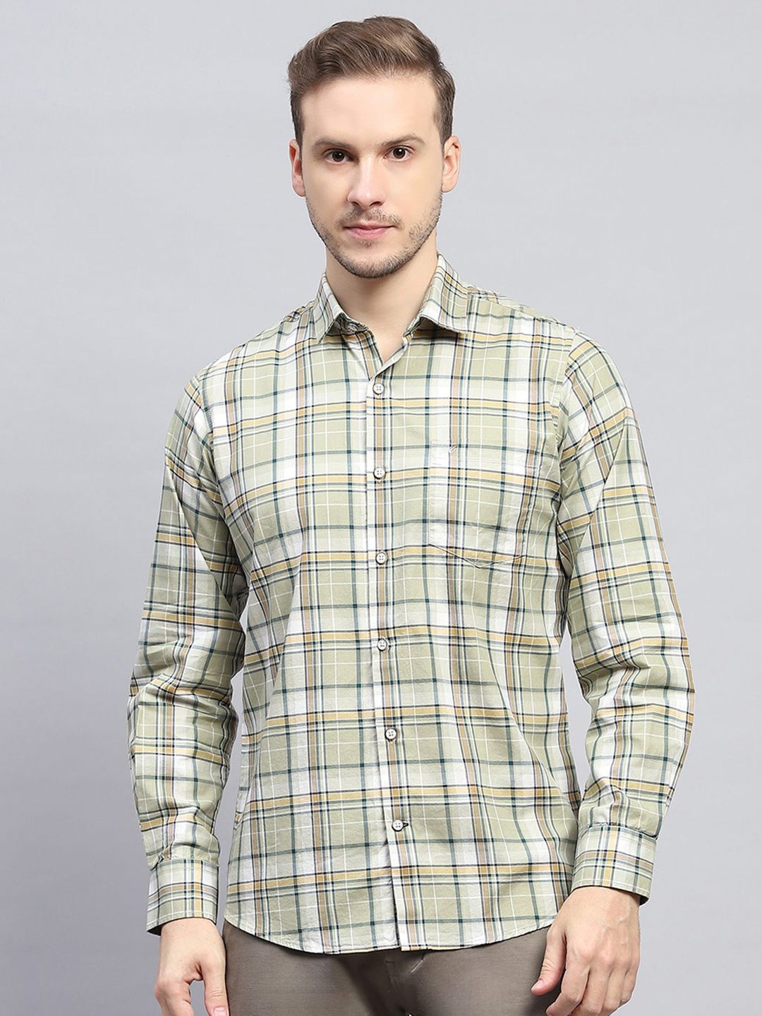 

Monte Carlo Men Spread Collar Tartan Checked Cotton Casual Shirt, Green