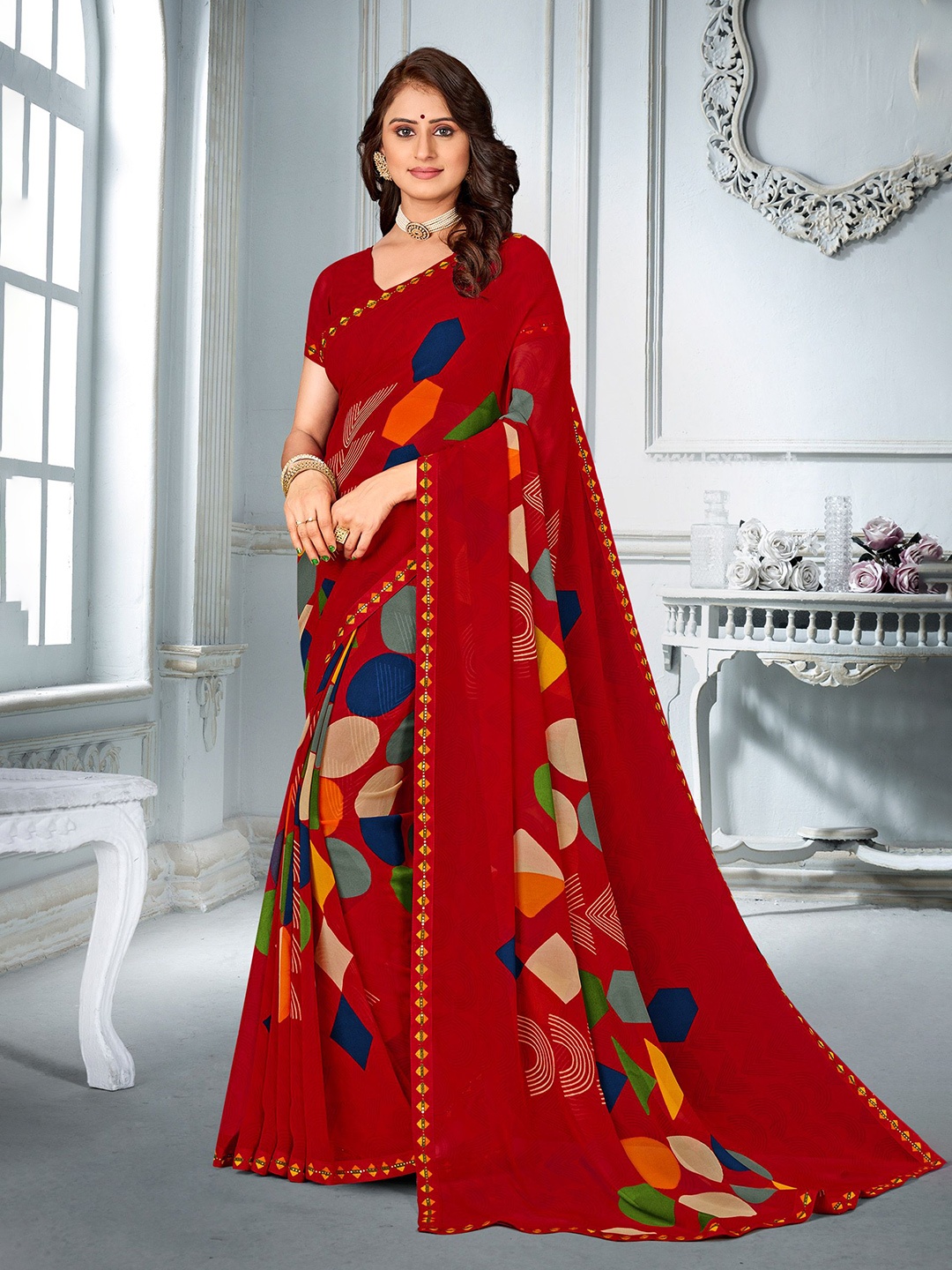 

Laxmipati Geometric Printed Mirror Work Saree, Red