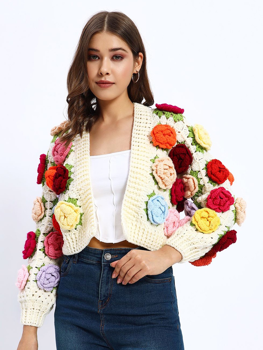 

Sugercandy Women Embroidered Woollen Crop Cardigan with Embroidered Detail, Cream