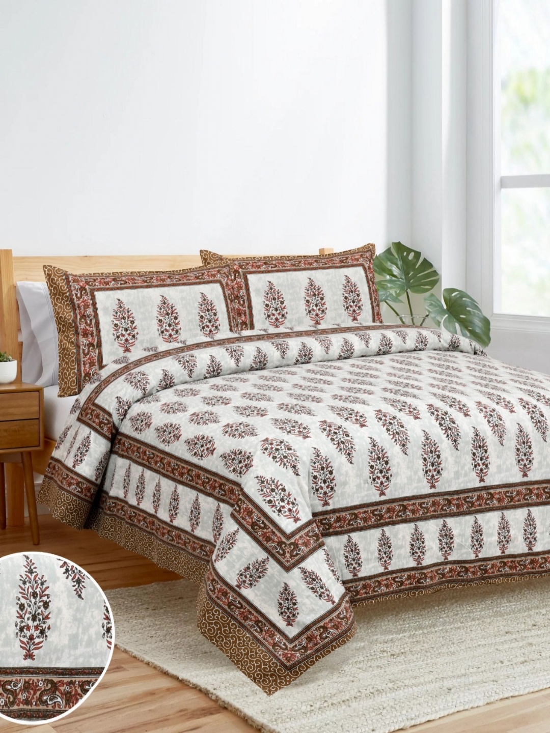 

HOME HEAVENS Brown & White Floral 210 TC King Bedsheet with 2 Pillow Covers
