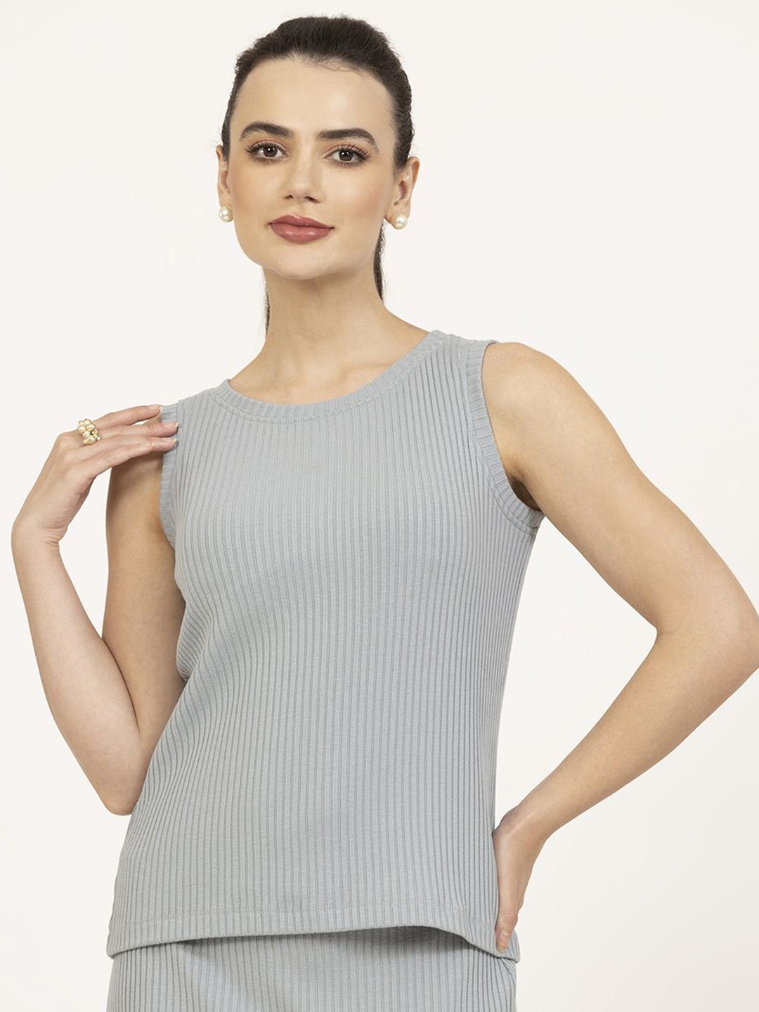 

OFFICE & YOU Women Ribbed Striped Sleeveless Top, Grey