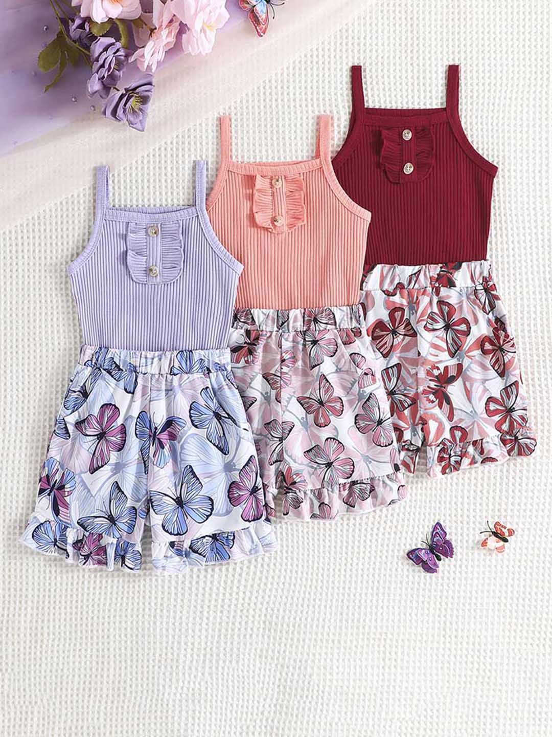 

INCLUD Girls 3 Pieces Striped Shoulder Straps Casual Top With Shorts, Purple