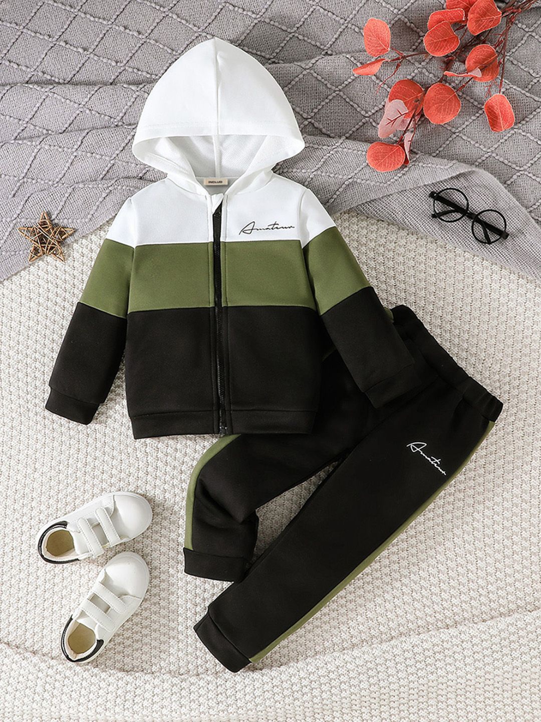 

INCLUD Boys Colourblocked Hooded Long Sleeves Sweatshirt With Jogger, Green