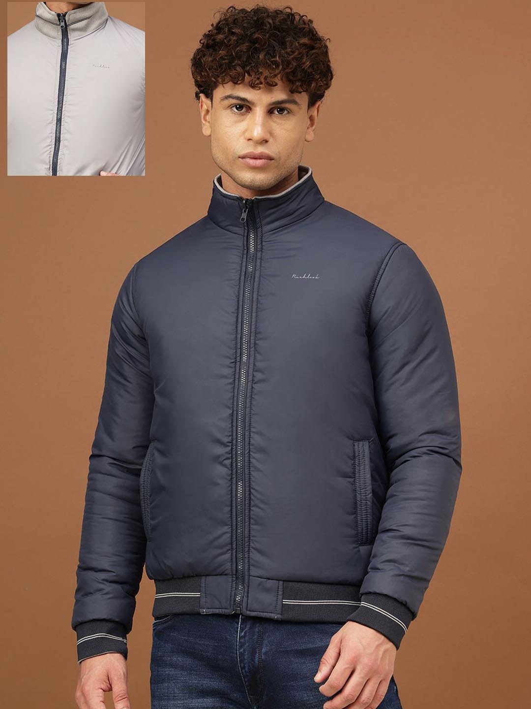 

Richlook Men Mock Collar Solid Casual Padded Reversible Jacket, Navy blue