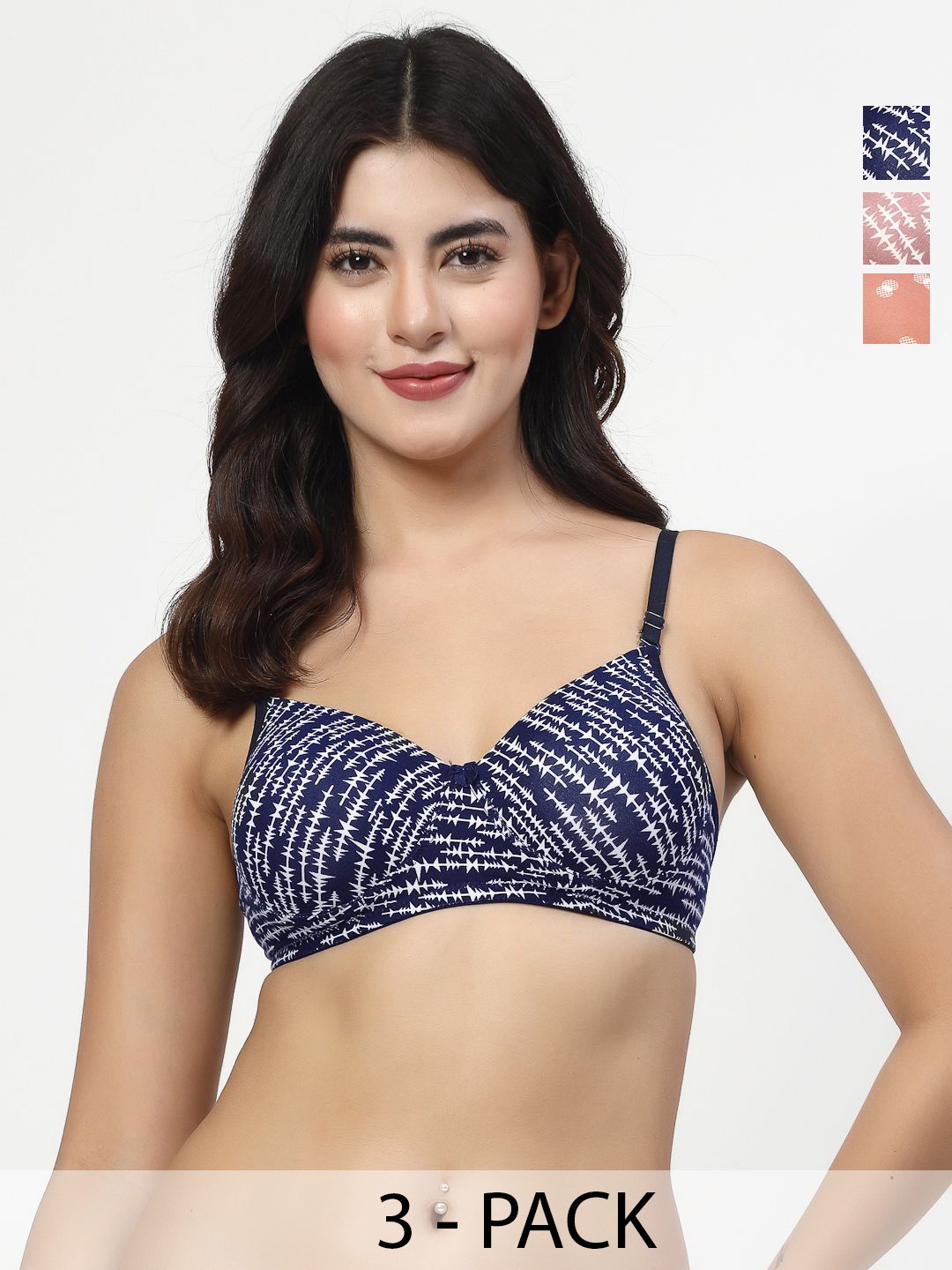 

Docare Novaprint Pack Of 3 Full Coverage Cotton Cut and Sew Lightly Padded Bra, Navy blue