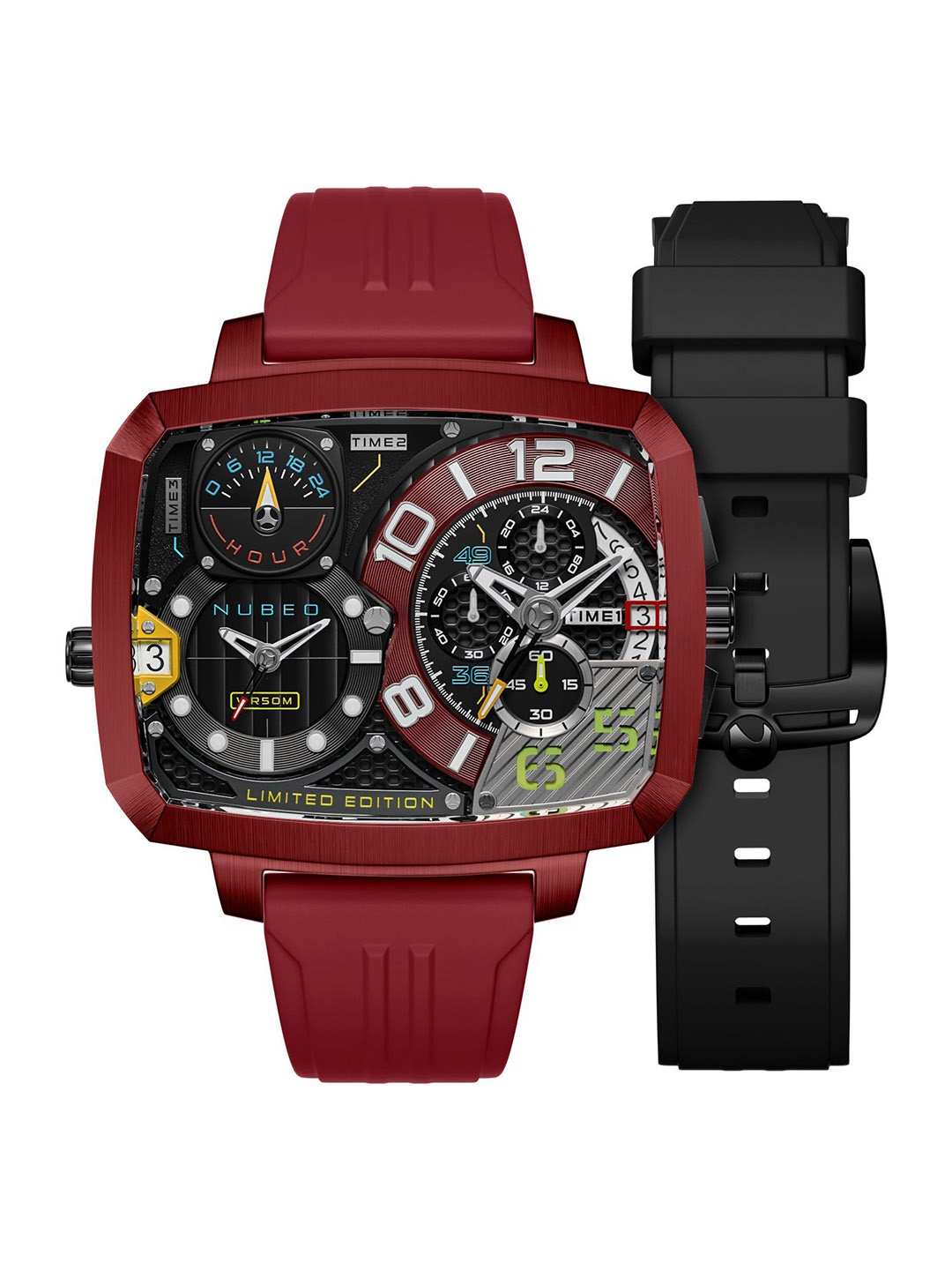 

NUBEO Men Brass Rectangle Dial & Straps Analogue Chronograph Watch NB-6084-02, Red