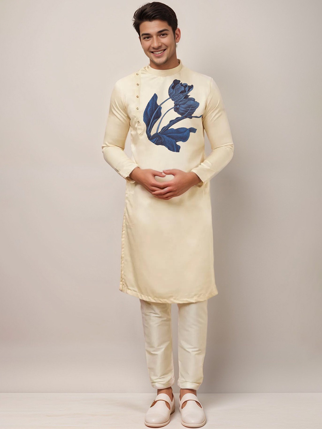 

DEVOILER Floral Printed Thread Work Mandarin Collar Side Placket Cotton Straight Kurta, Beige