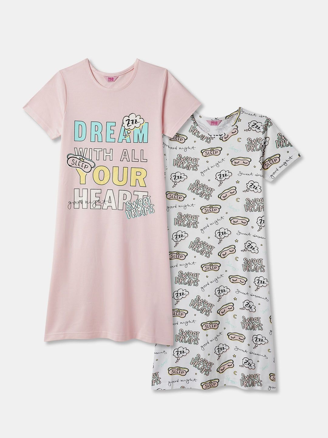 

R&B Girls Pack Of 2 Pure Cotton Printed Nightdress, Peach