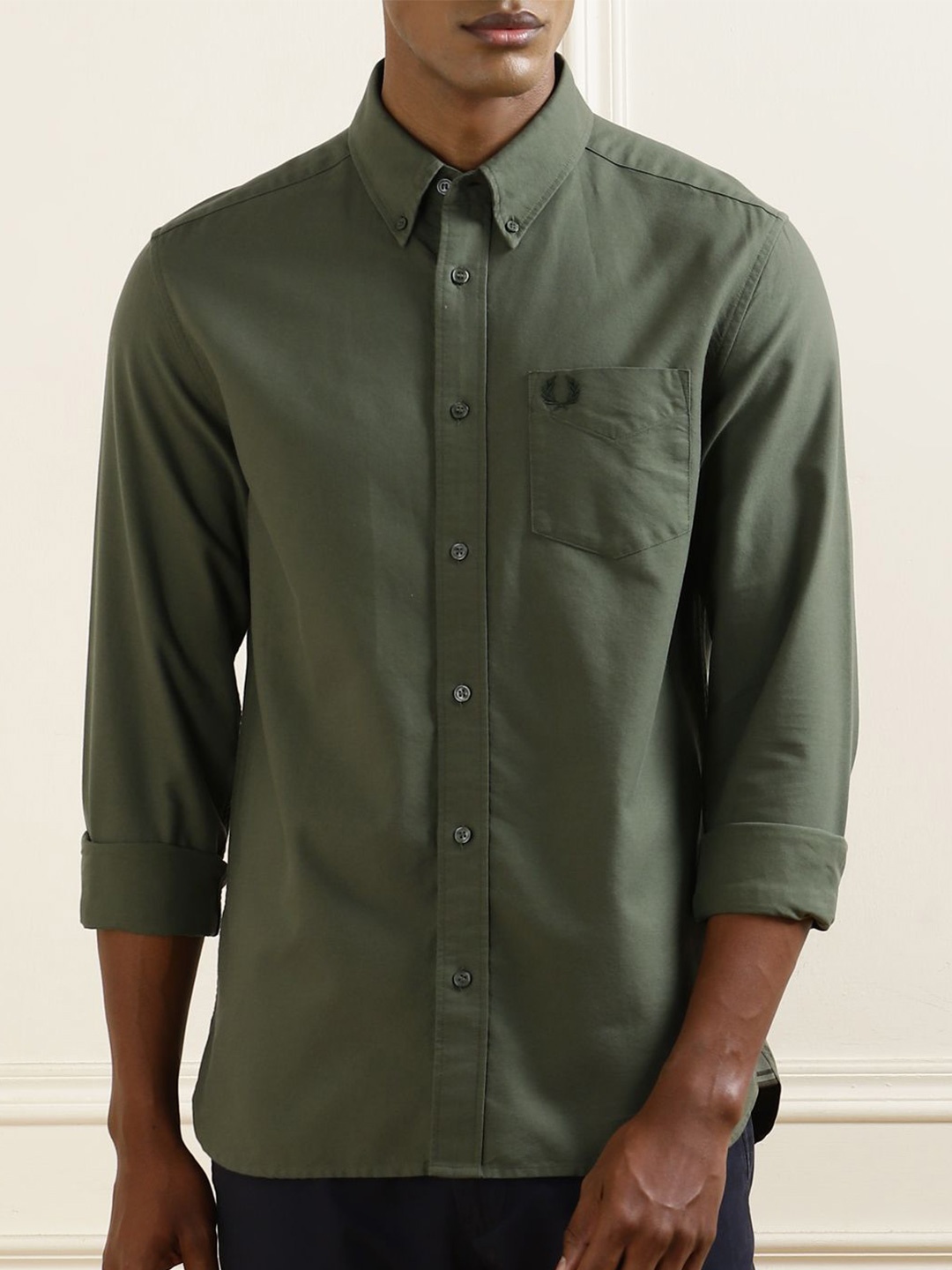 

Fred Perry Men Button-Down Collar Solid Cotton Slim Fit Casual Shirt, Green