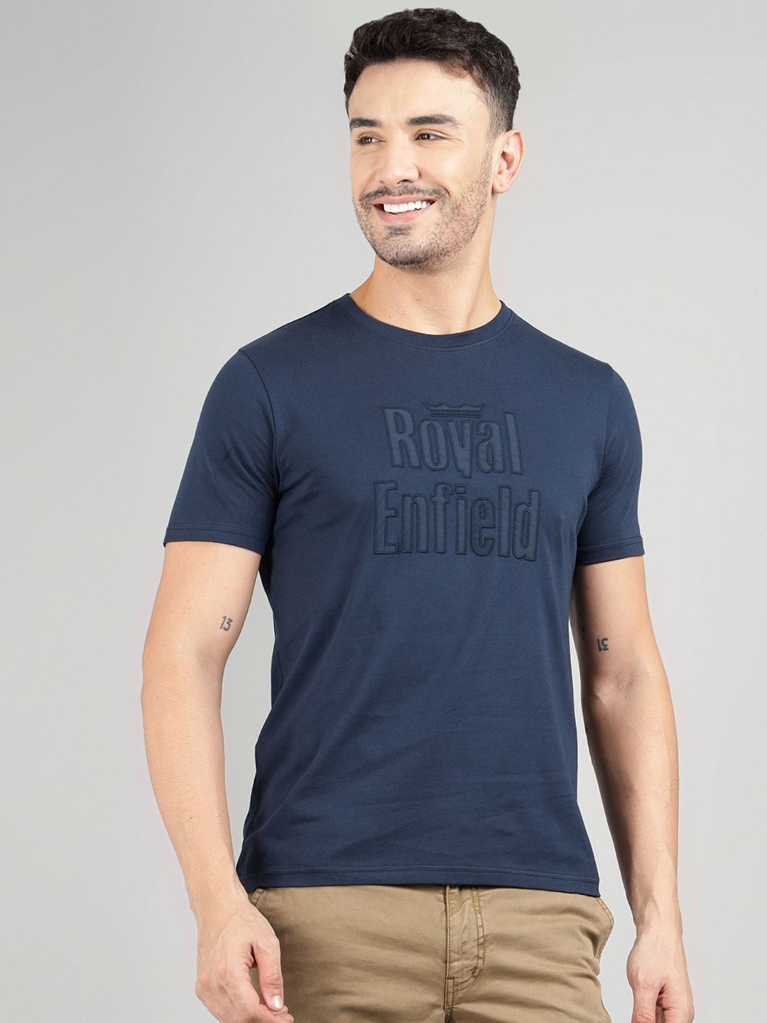 

Royal Enfield Men Typography Printed Round Neck Cotton T-shirt, Blue