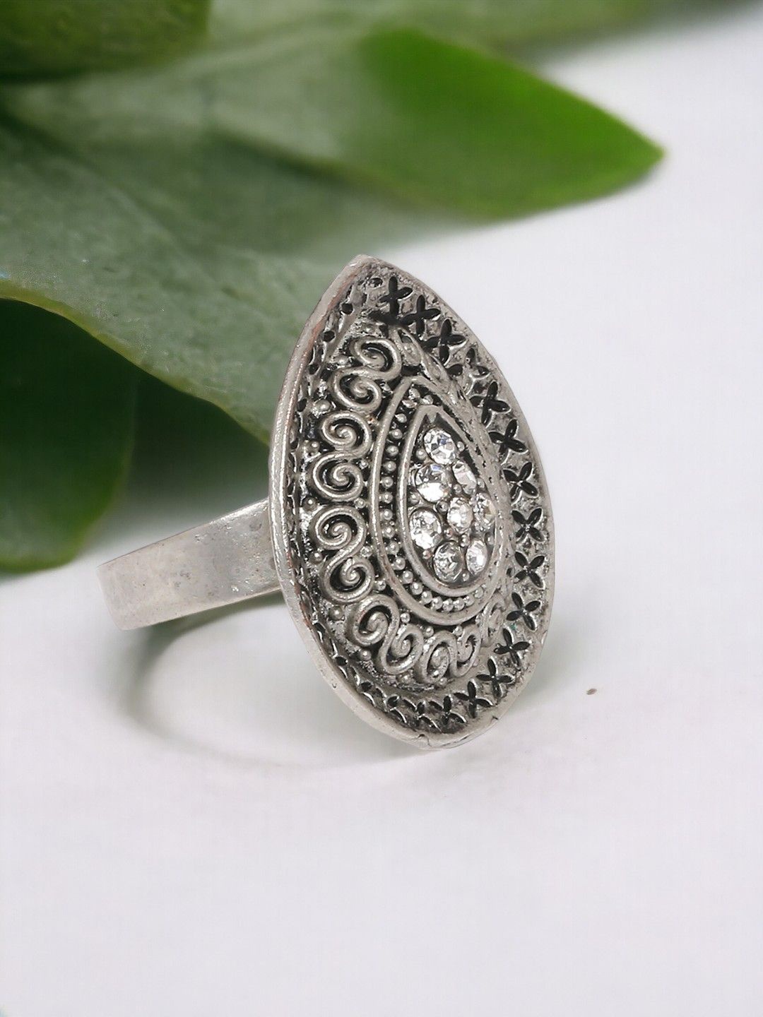 

Sangria Oxidised Stone Studded Teardrop Shaped Finger Ring, Silver