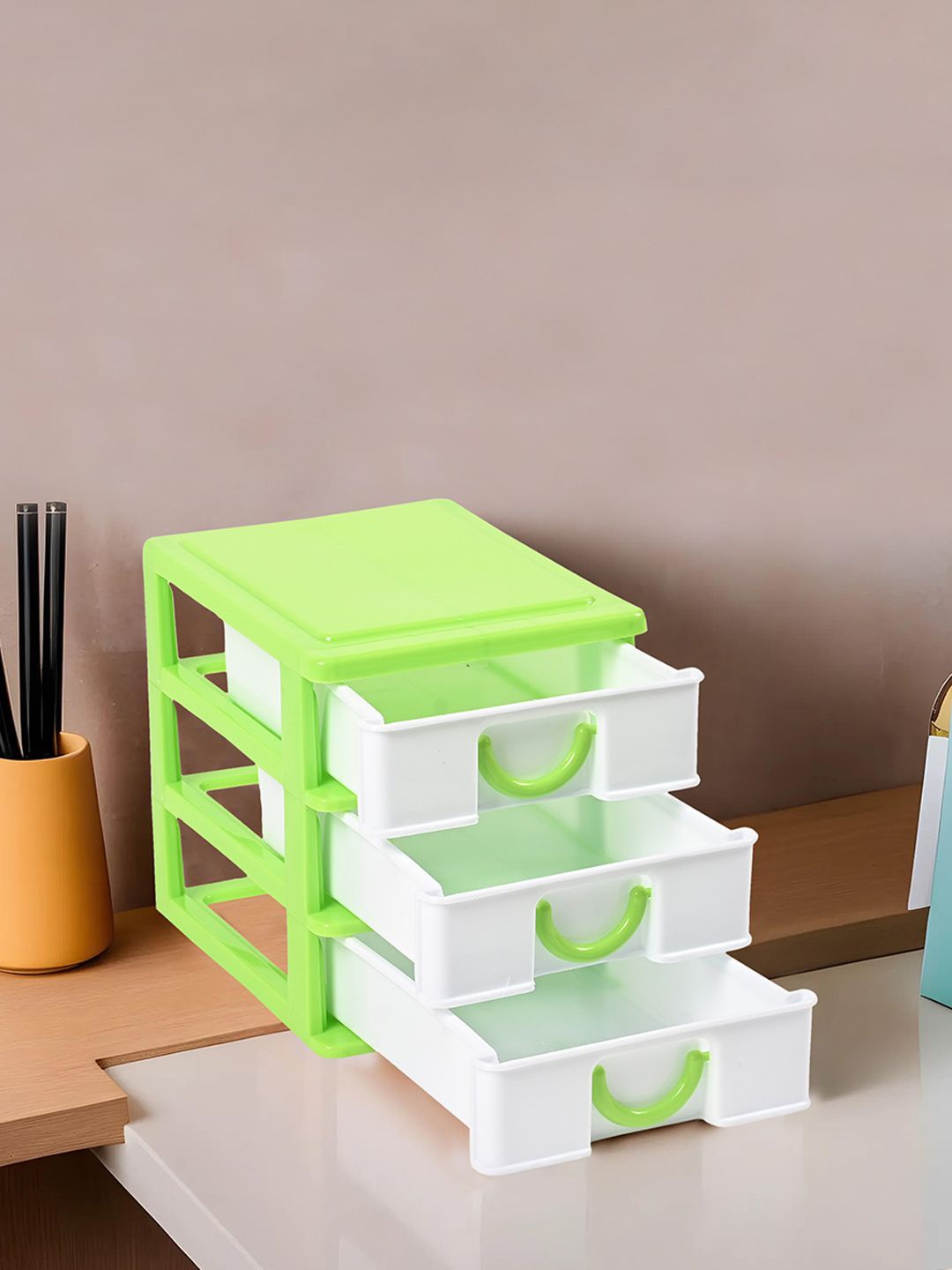 

Kuber Industries White & Green Reusable 3-Tier Drawer Stationary Organiser