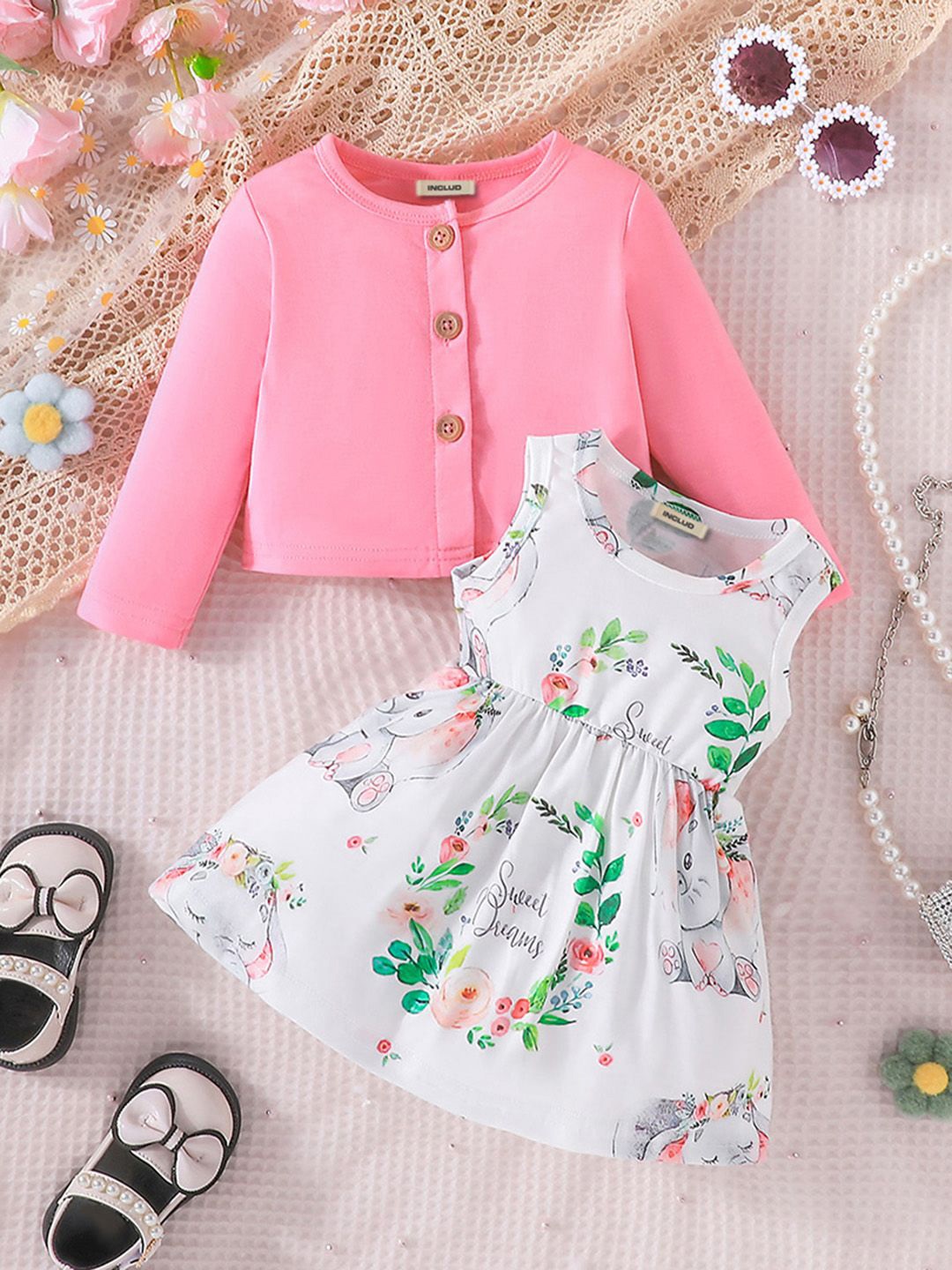 

INCLUD Girls Floral Printed Fit & Flare Dress With Long Sleeve Top, Pink