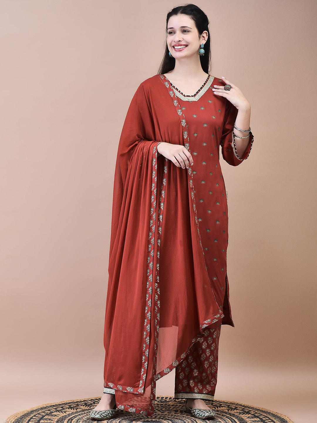 

Shree Floral Printed Liva Straight Kurta with Trousers & Dupatta, Rust