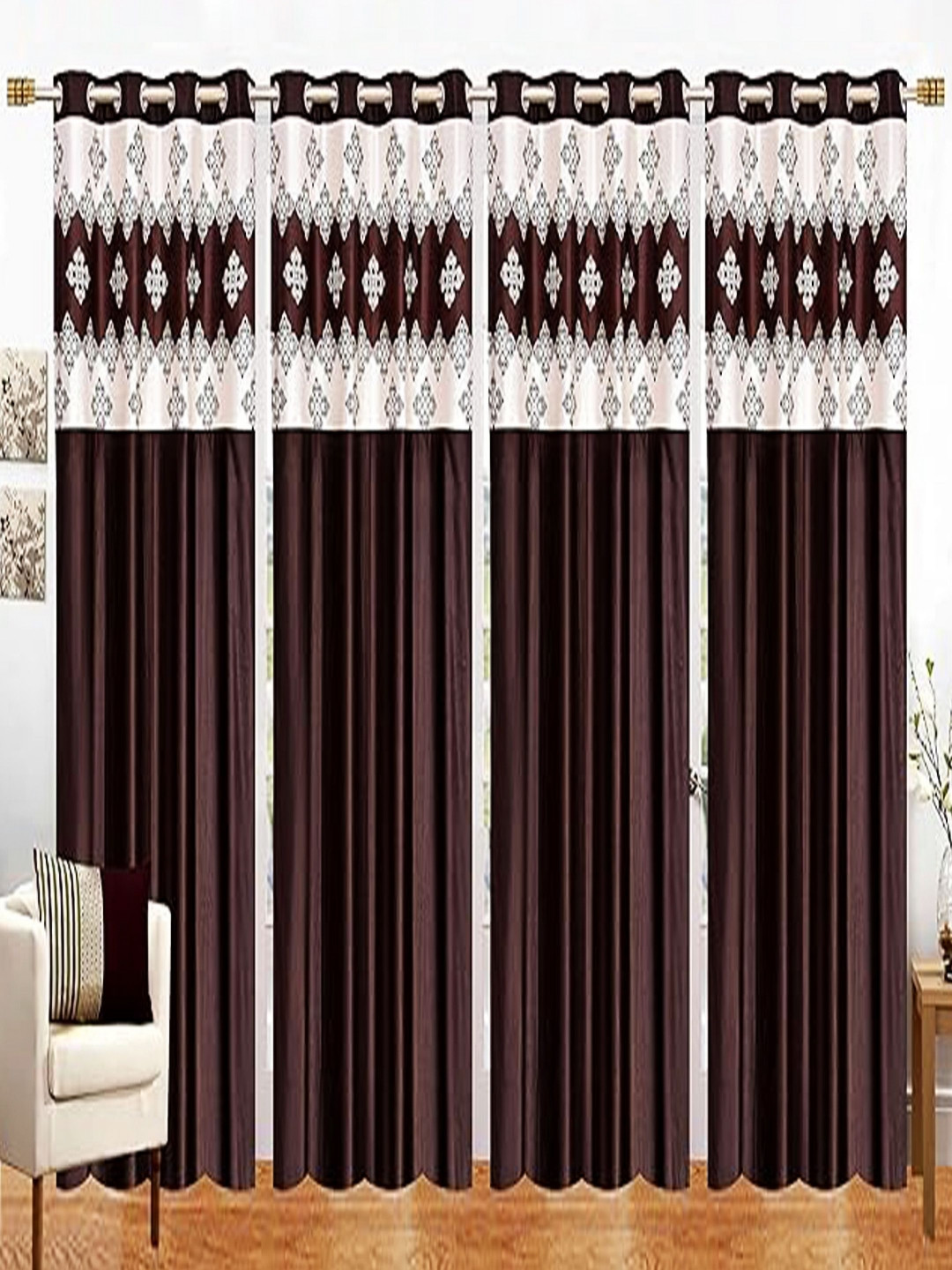 

Lunar Days Brown & White 4 Pieces Floral Room Darkening Long Door Curtains