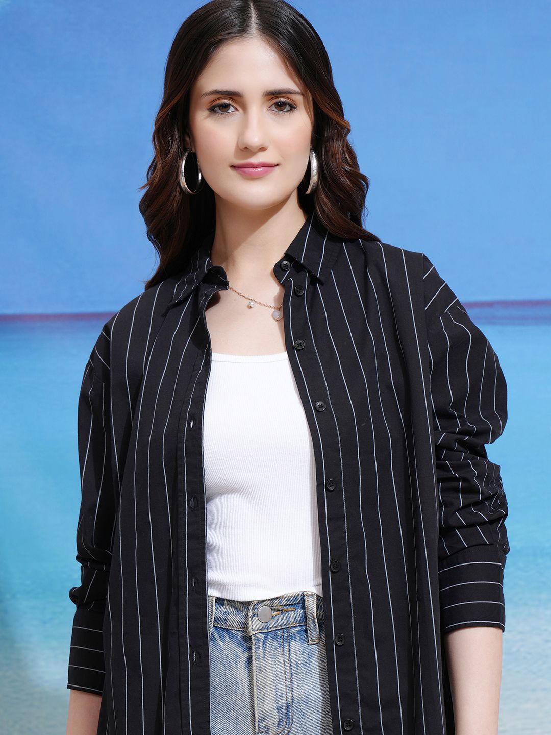 

Tokyo Talkies Women Striped Relaxed Boxy Fit Shirt, Black