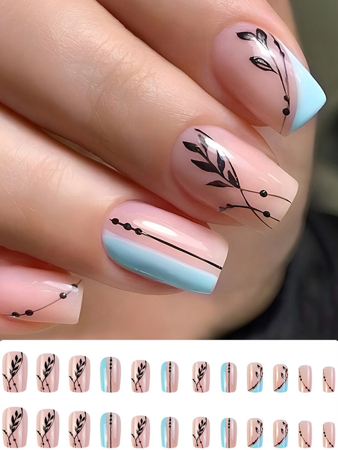 

Secret Lives 24 Pieces Black Leaves Design Long Translucent Nail Extensions, Pink