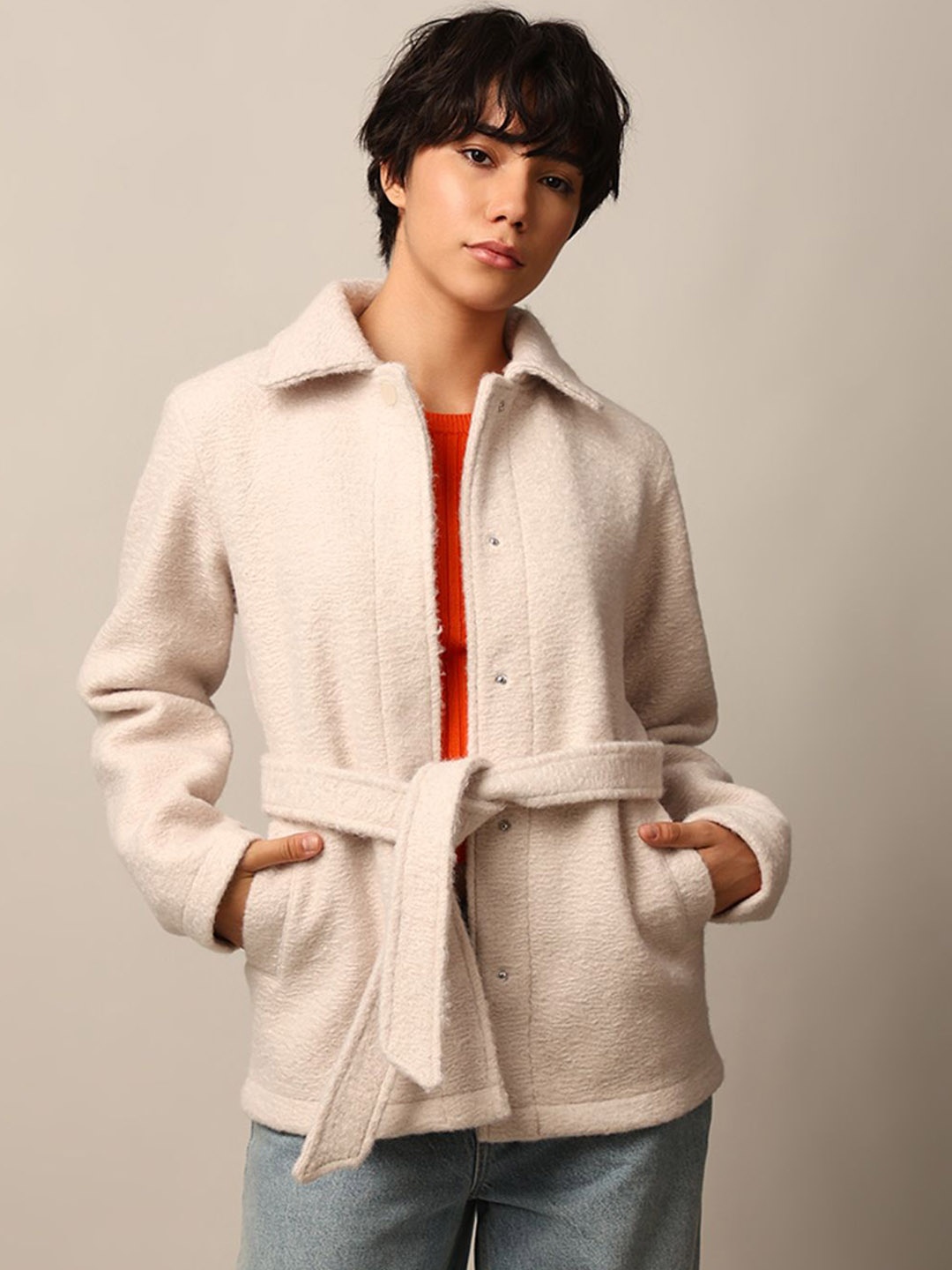 

ONLY Women Spread Collar Self Design Casual Tailored Jacket, Cream
