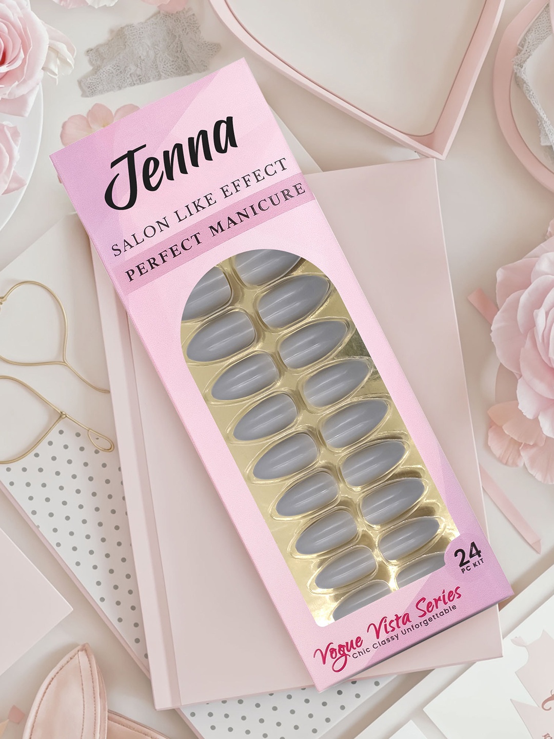

JENNA Set Of 24 French Tip Press On Acrylic Almond Shape Artificial Nails - Grey
