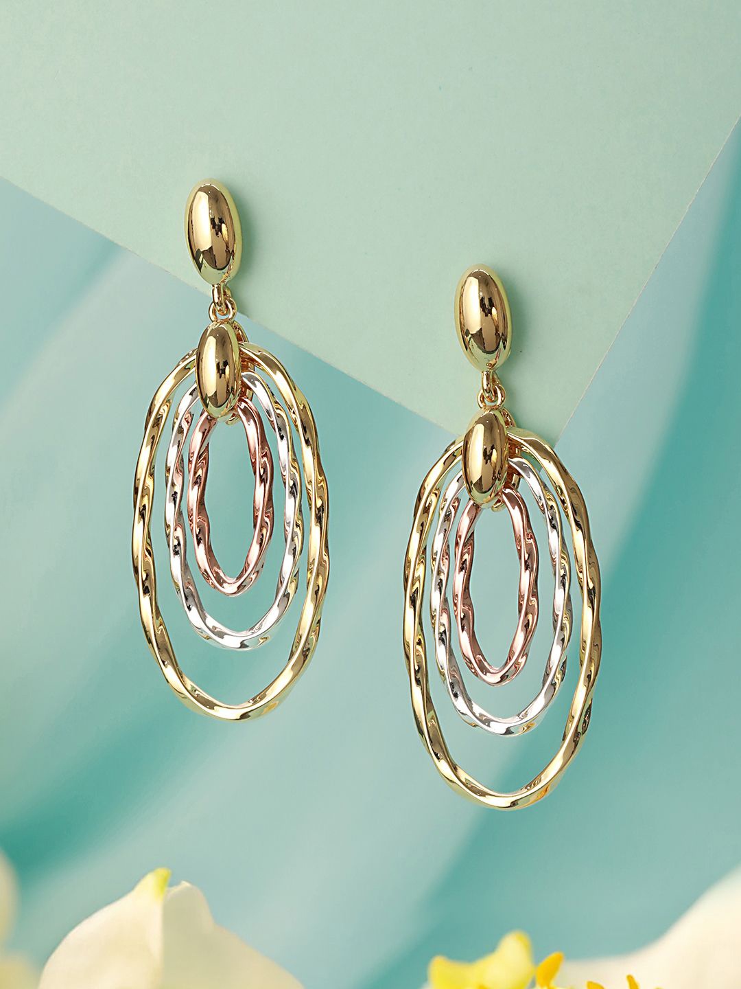 

SARAF TRENDZ Stainless Steel Gold-Plated American Diamond Studded Drop Earrings