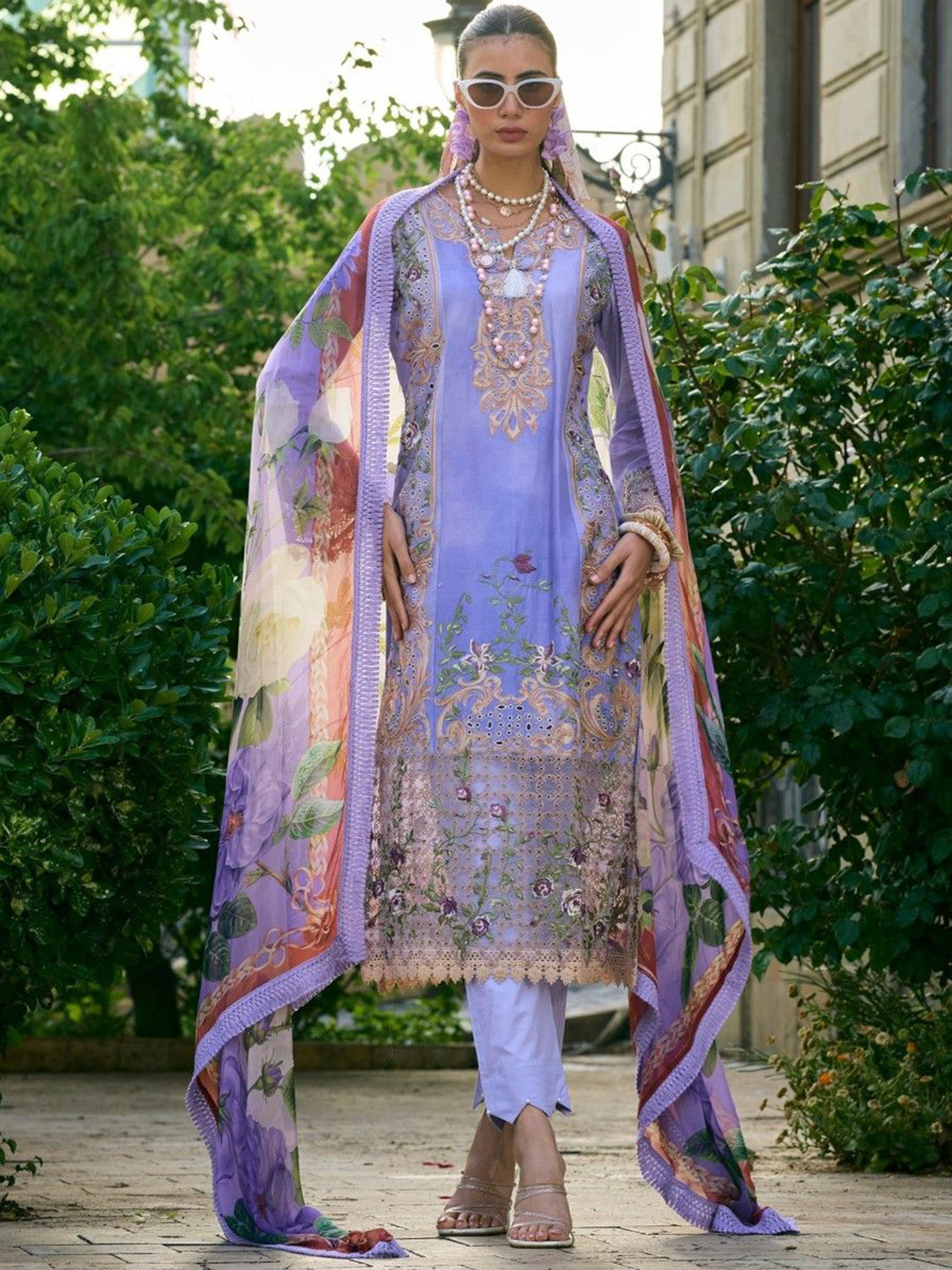 

AUTUMN LANE Ethnic Motifs Embroidered Cotton Silk Kurta & Trouser & Dupatta, Purple