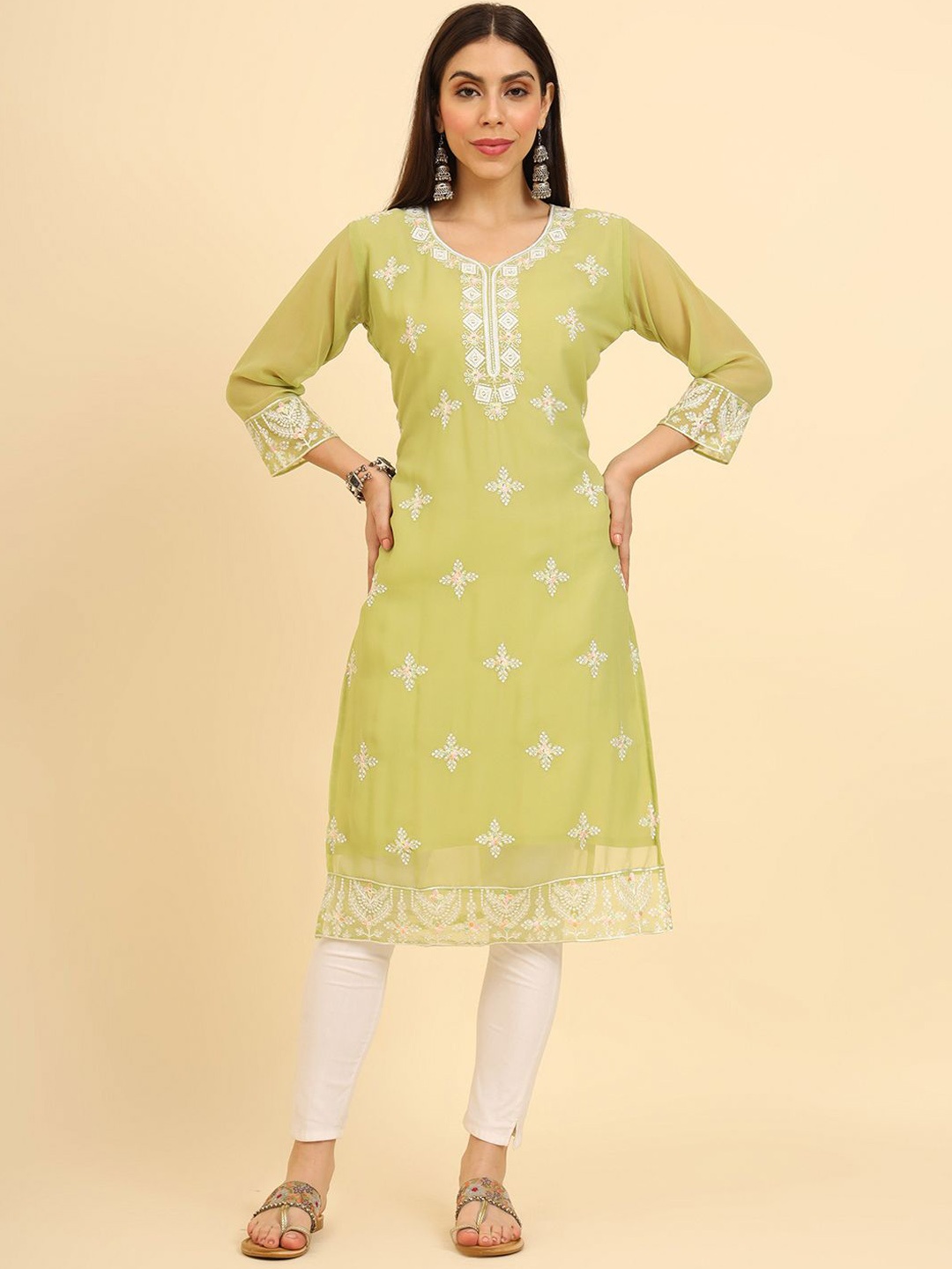 

HERE&NOW Olive Green Floral Embroidered Thread Work Georgette Straight Kurta