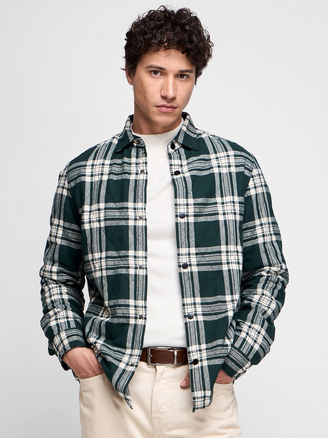 

Red Flame Men Spread Collar Tartan Checked Cotton Casual Shirt, Green