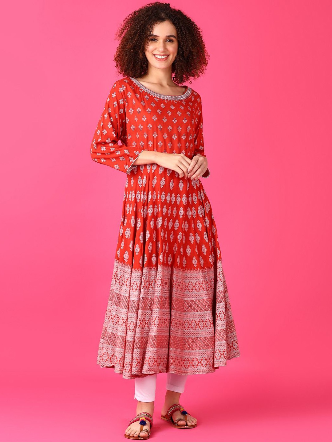 

V-Mart Floral Printed Zari Work Anarkali Kurta, Rust