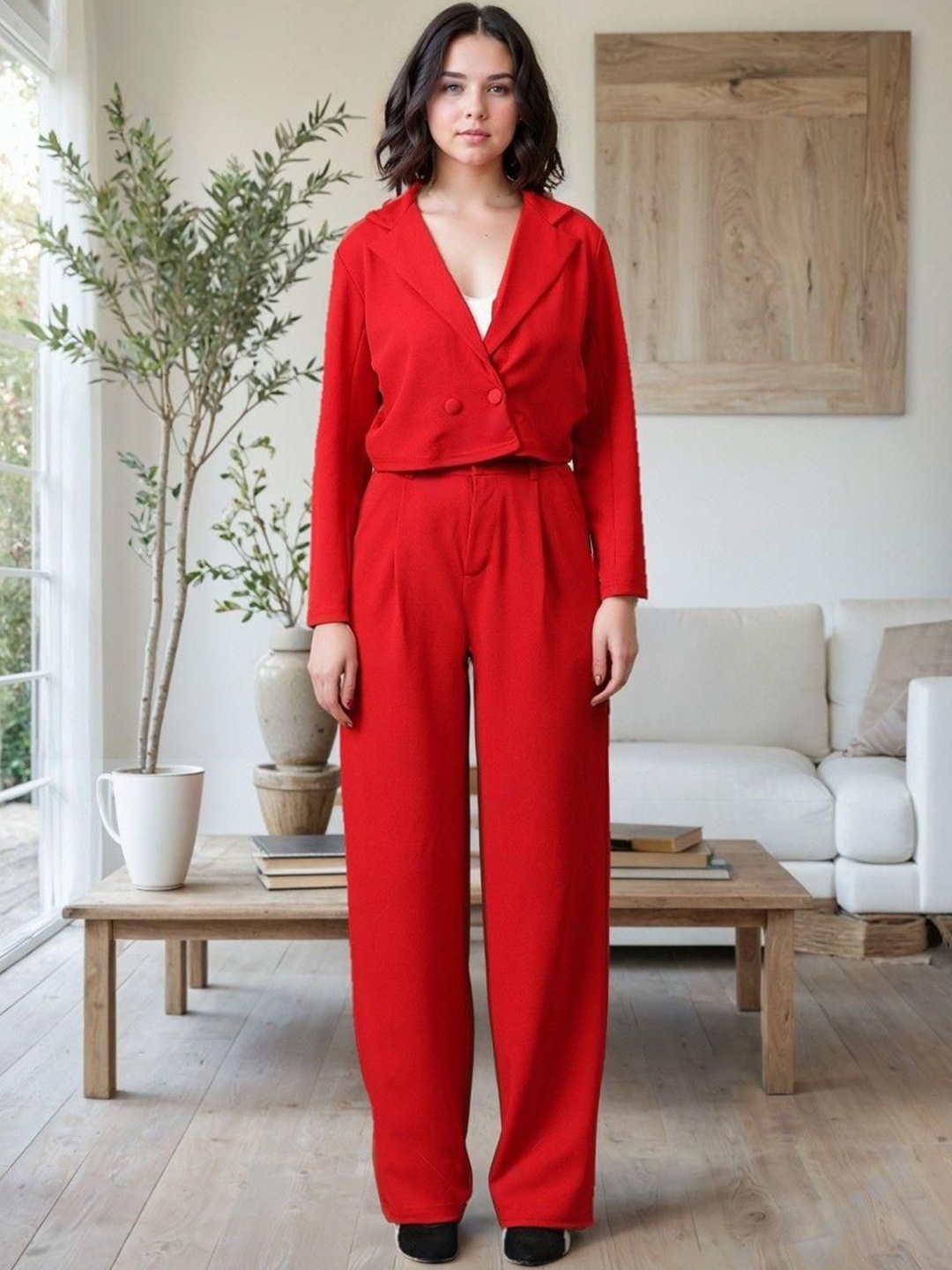 

Kotty Lapel Collar Long Sleeves Coat With Trouser, Red