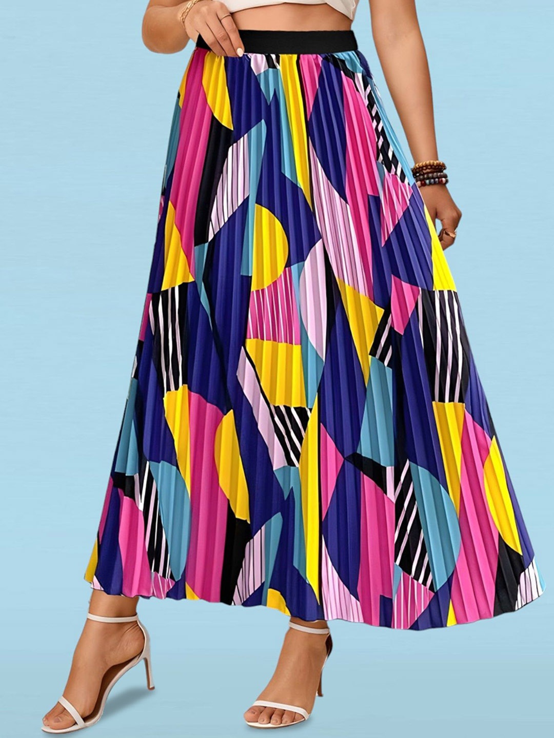 

Raiyani Enterprise Women Printed Plated Flared Maxi Skirts, Blue