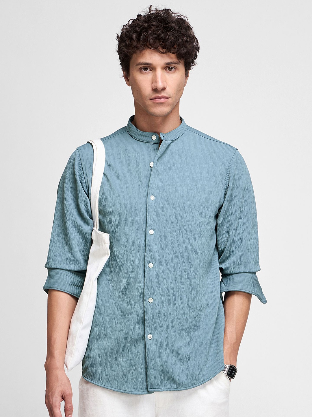 

Red Flame Men Band Collar Textured Casual Shirt, Teal