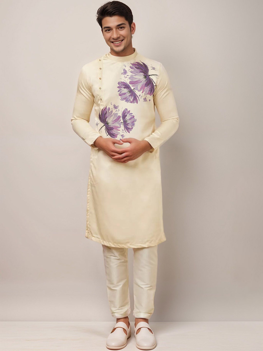 

DEVOILER Floral Printed Thread Work Mandarin Collar Side Placket Cotton Straight Kurta, Beige