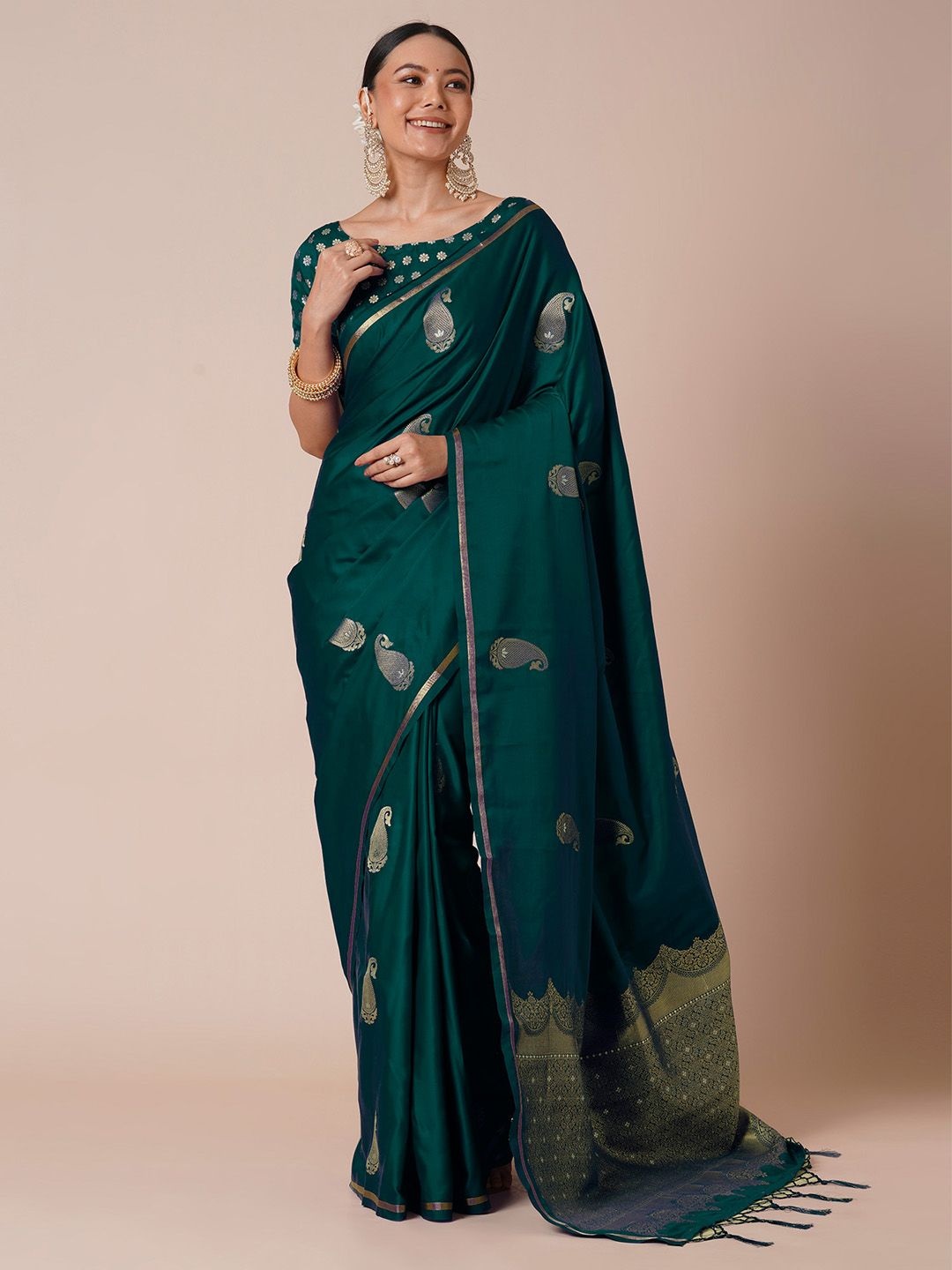 

House of Pataudi Paisley Woven Design Zari Banarasi Saree, Green