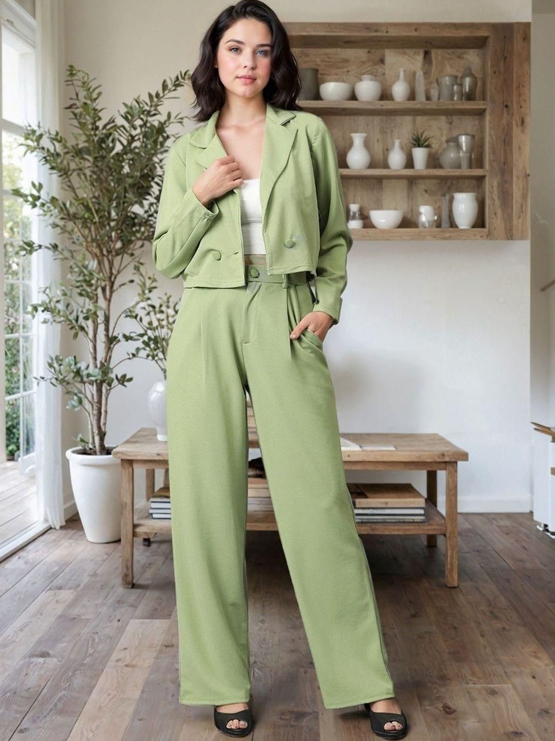 

Kotty Lapel Collar Long Sleeves Coat With Trouser, Green