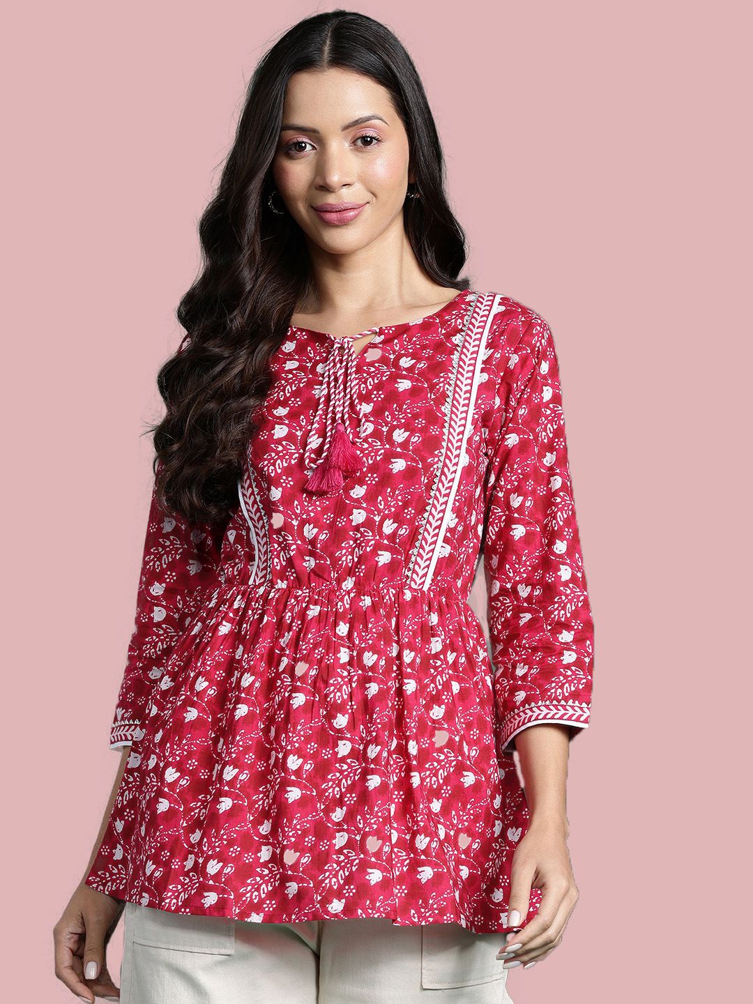 

Deewa Women Ethnic Motifs Prinedt Tie-Up Neck Ethnic Cotton Cinched Waist Longline Top, Pink