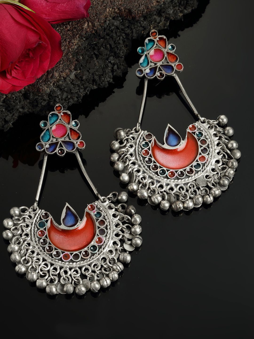 

Anouk Rust Silver-Plated Stone Studded Crescent Shaped Drop Earrings