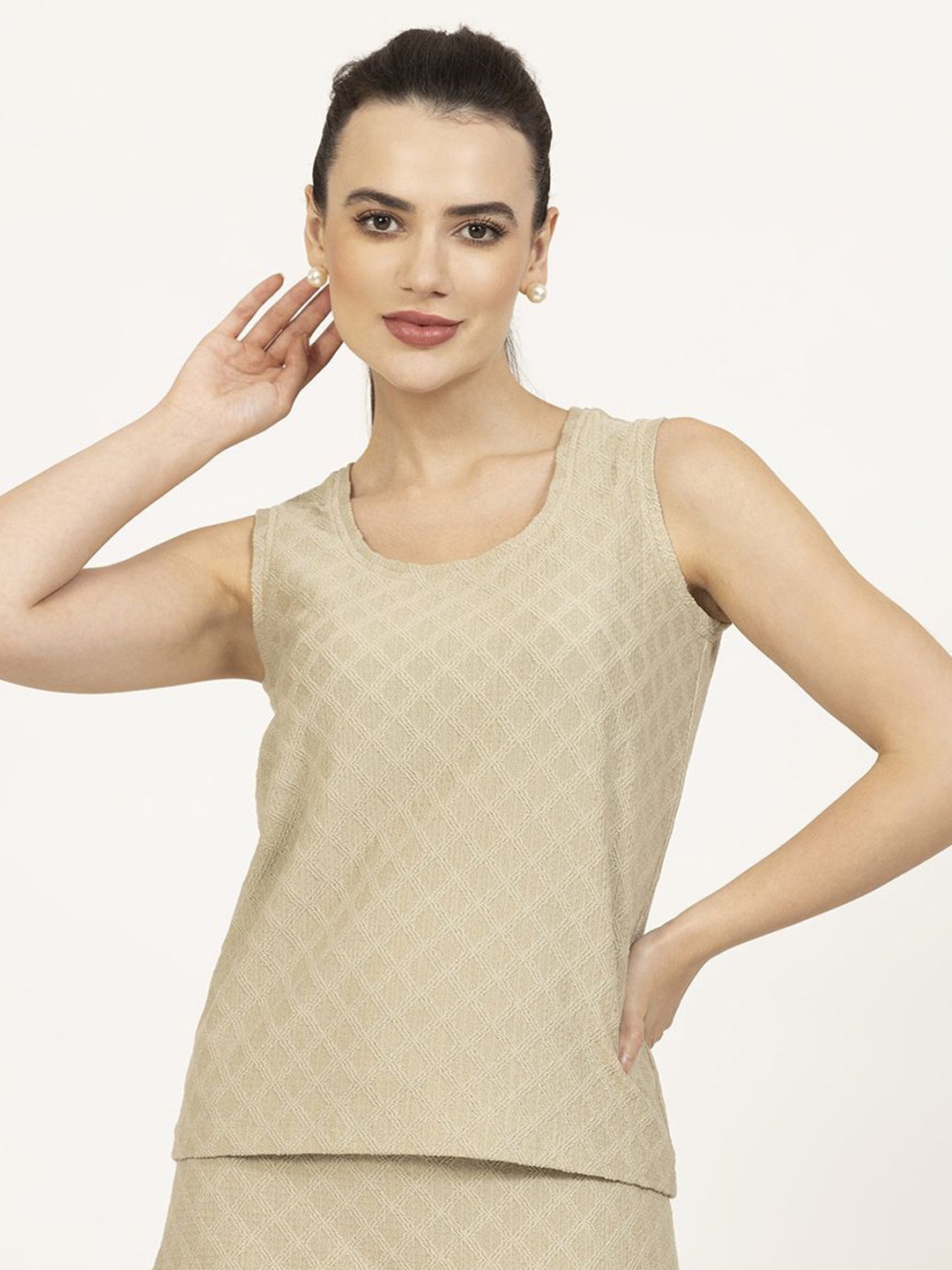 

OFFICE & YOU Women Self Design Sleeveless Top, Beige