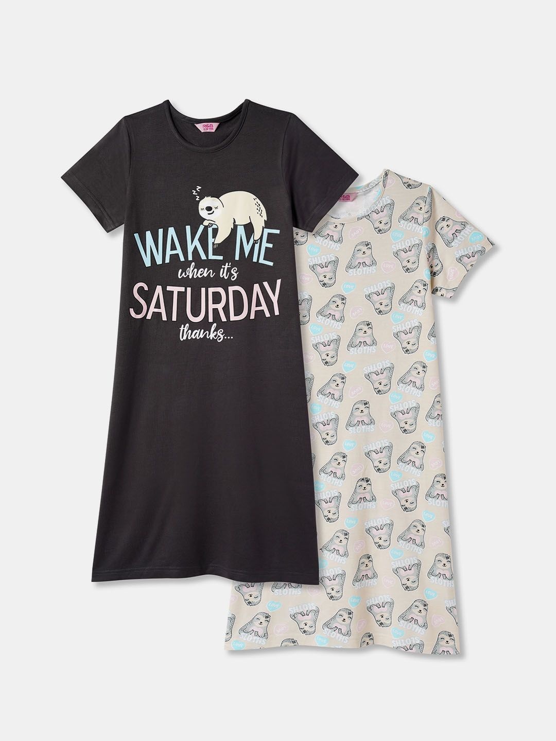 

R&B Girls Pack Of 2 Printed Pure Cotton T-shirt Nightdress, Black
