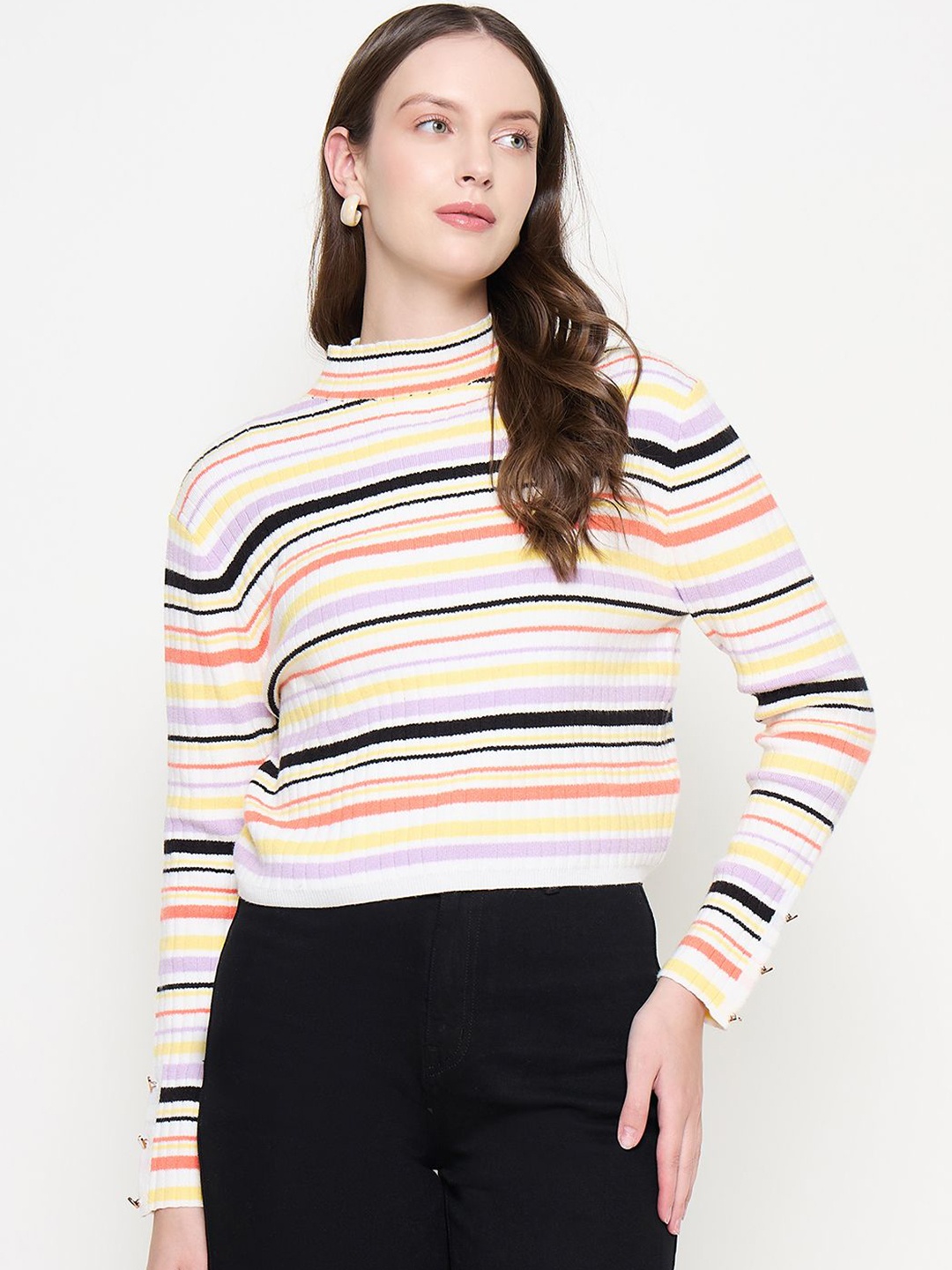 

Madame Women Striped Pullover Sweater, Off white