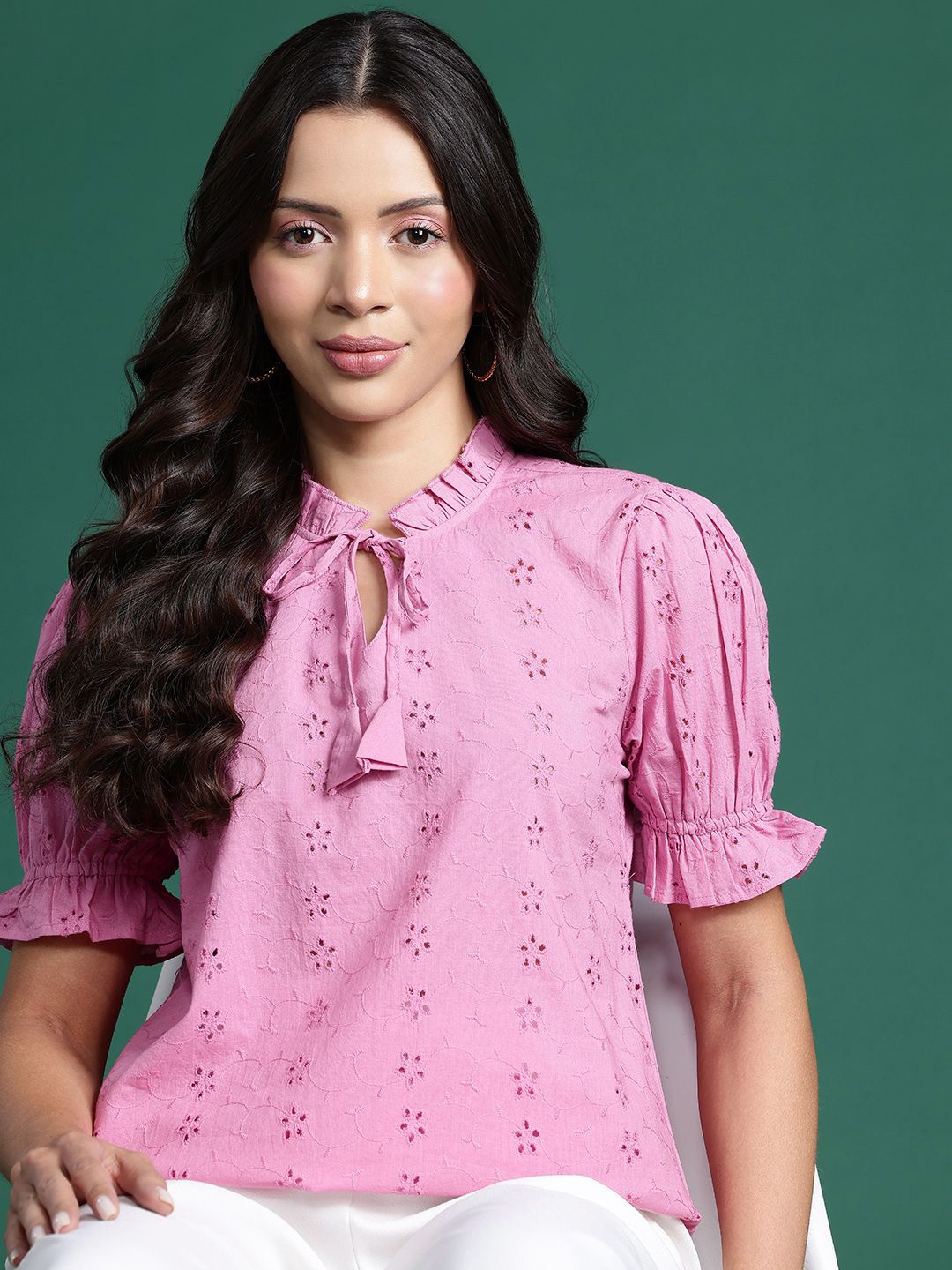 

Deewa Women Self Design Tie-Up Neck Puff Sleeve Cotton Top, Pink