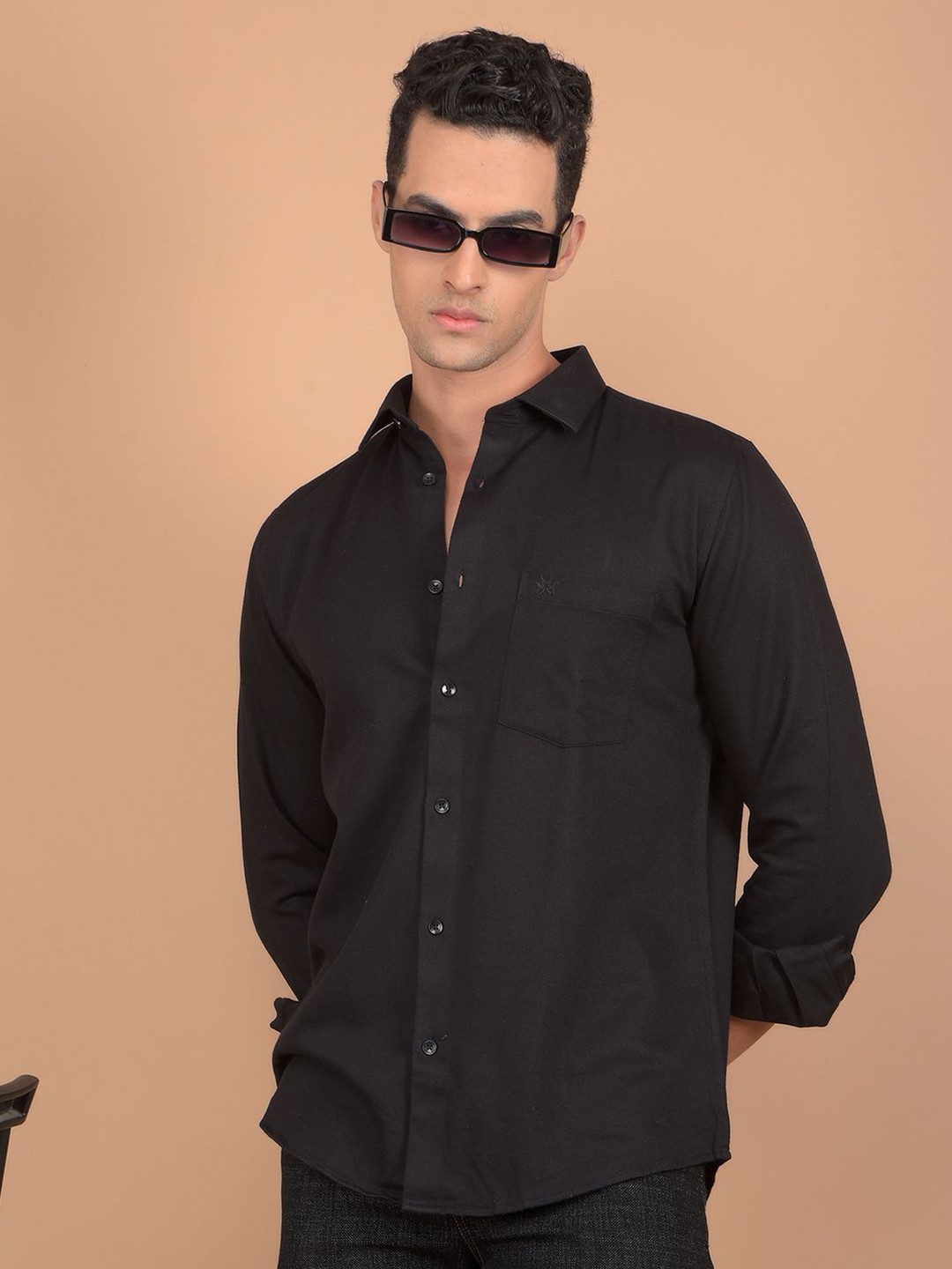 

Crimsoune Club Men Spread Collar Solid Cotton Slim Fit Casual Shirt, Black