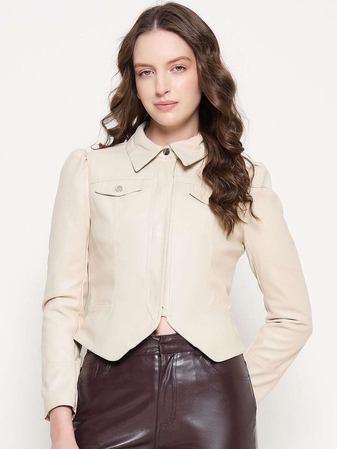 

Madame Women Spread Collar Solid Casual Tailored Jacket, Beige