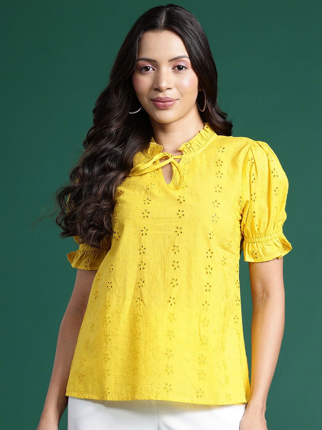 

Deewa Tie-Up Neck Self Design Puff Sleeve Cotton Top, Yellow