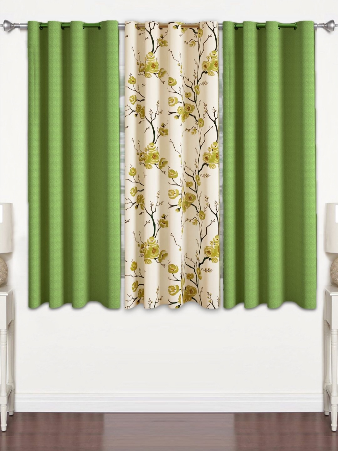 

Lunar Days Green & White 3 Pieces Floral Room Darkening Window Curtains