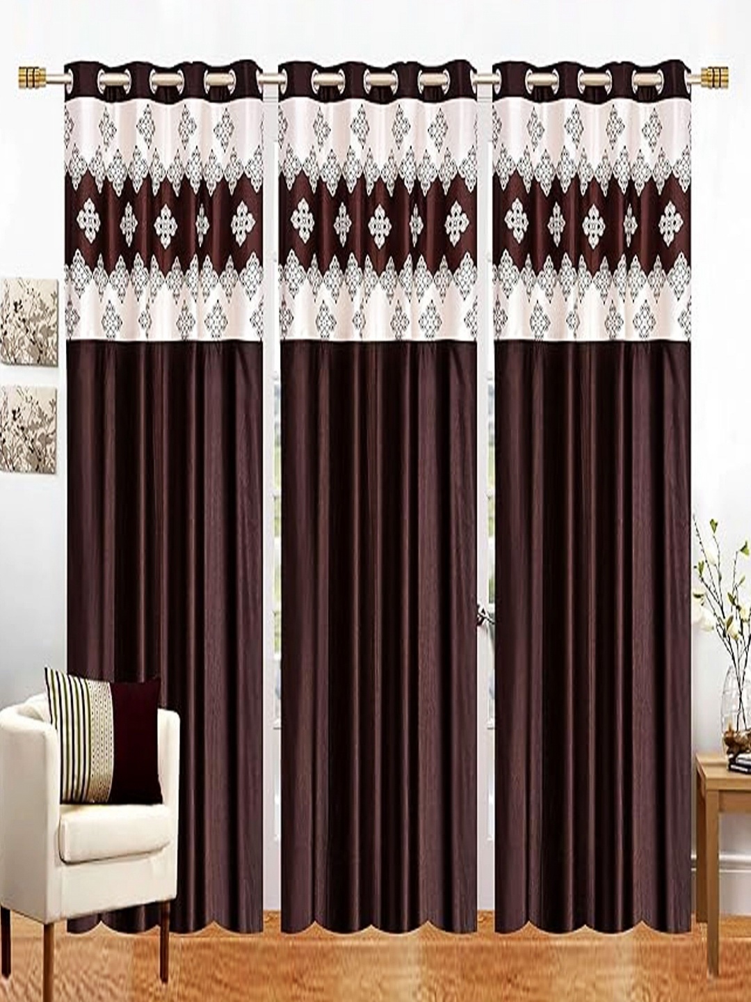 

Lunar Days Brown & White 3 Pieces Floral Room Darkening Long Door Curtains