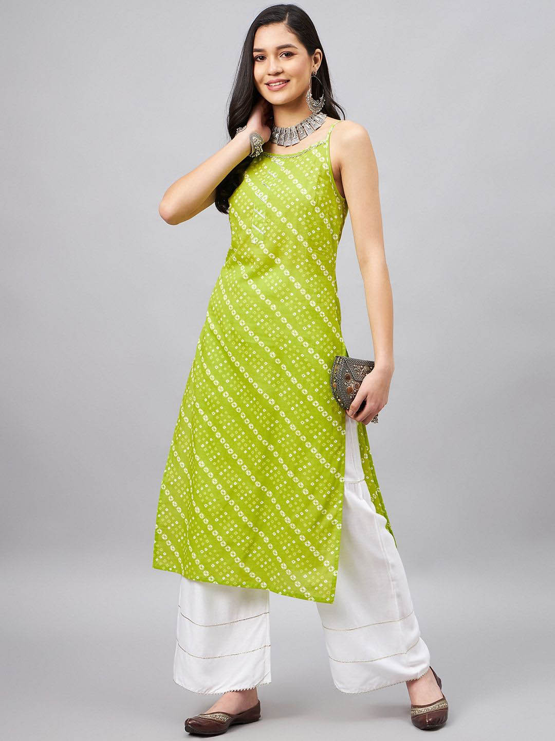 

WineRed Bandhani Printed Gotta Patti Shoulder Straps Pure Cotton Straight Kurta, Green